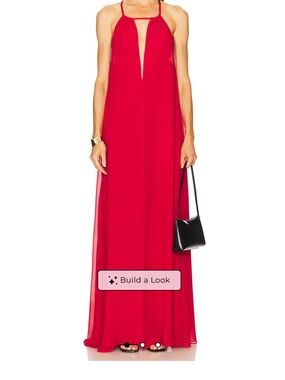 Michael Costello Red Halter Maxi with Plunging Keyhole